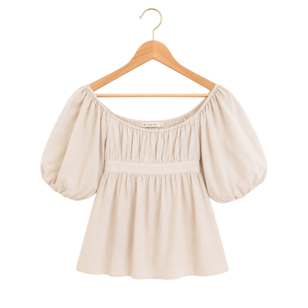 Linen Blend Babydoll Blouse Cream Puff Sleeve Smocked Prairie Boho Peplum Small